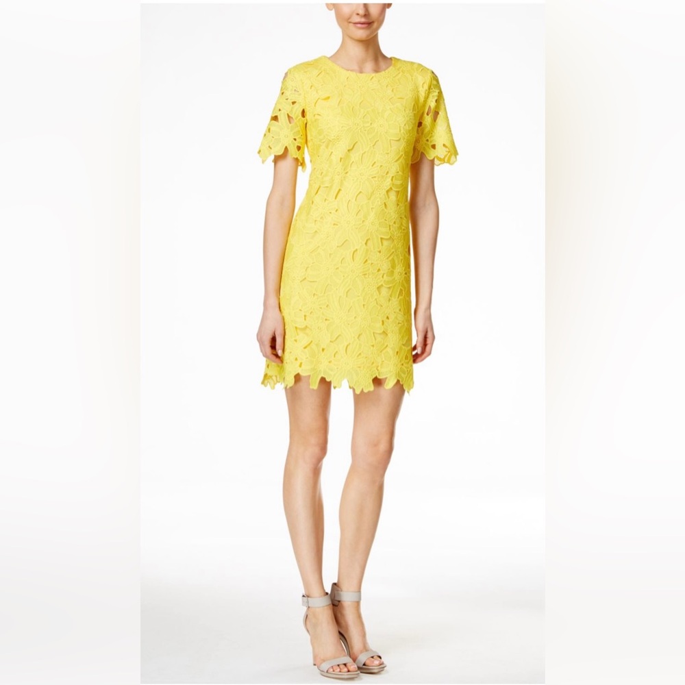 Tahari by ASL Short Sleeve Crochet Floral-Lace Yellow Dress Size 4